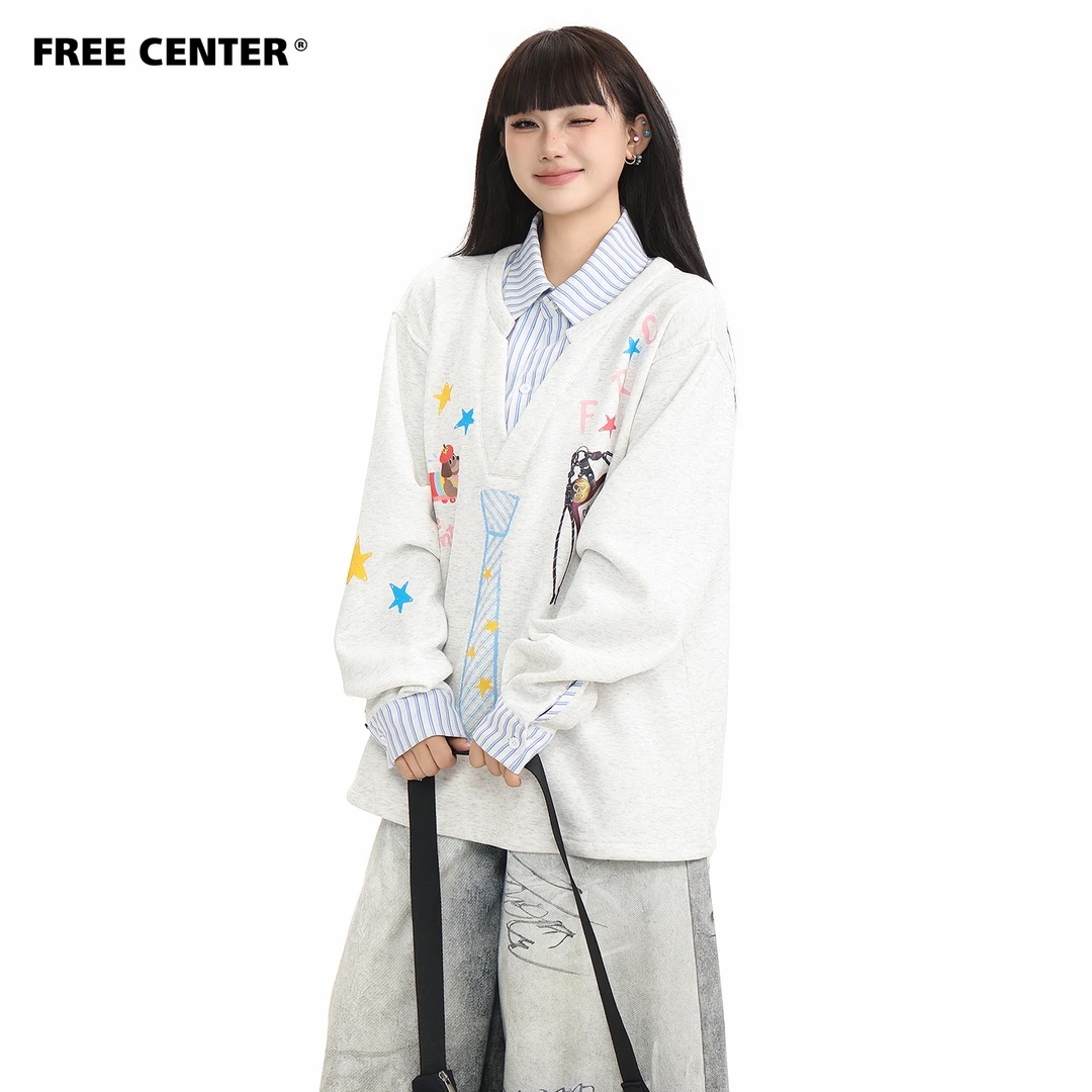 FREECENTER美式涂鸦领带假两件加绒卫衣男女卡通印花拼接衬衫上衣