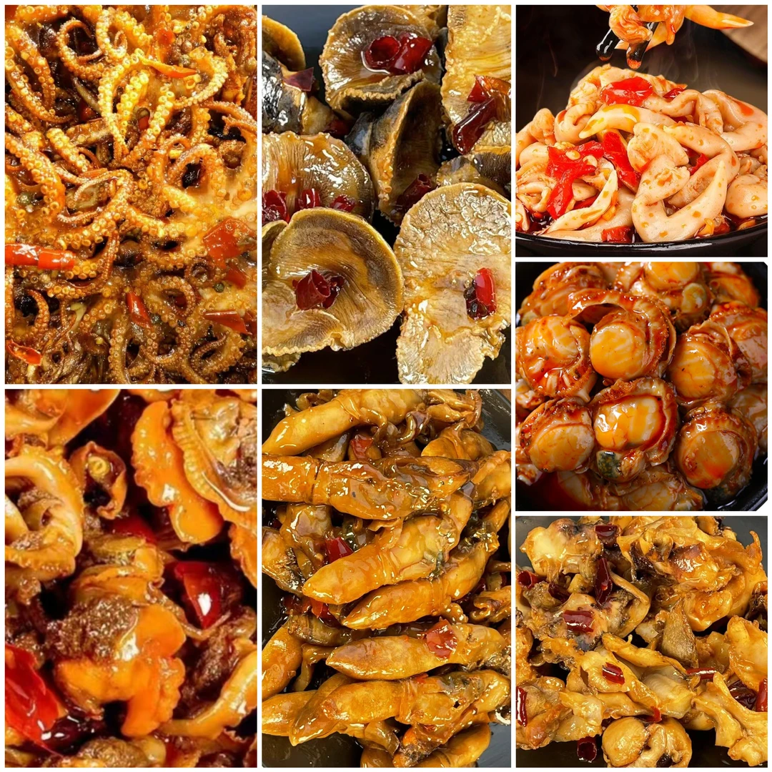 秒R，7大罐，八爪鱼，鱿鱼脖，毛蚶肉，港湾贝，蛏王，鸟贝，香螺肉