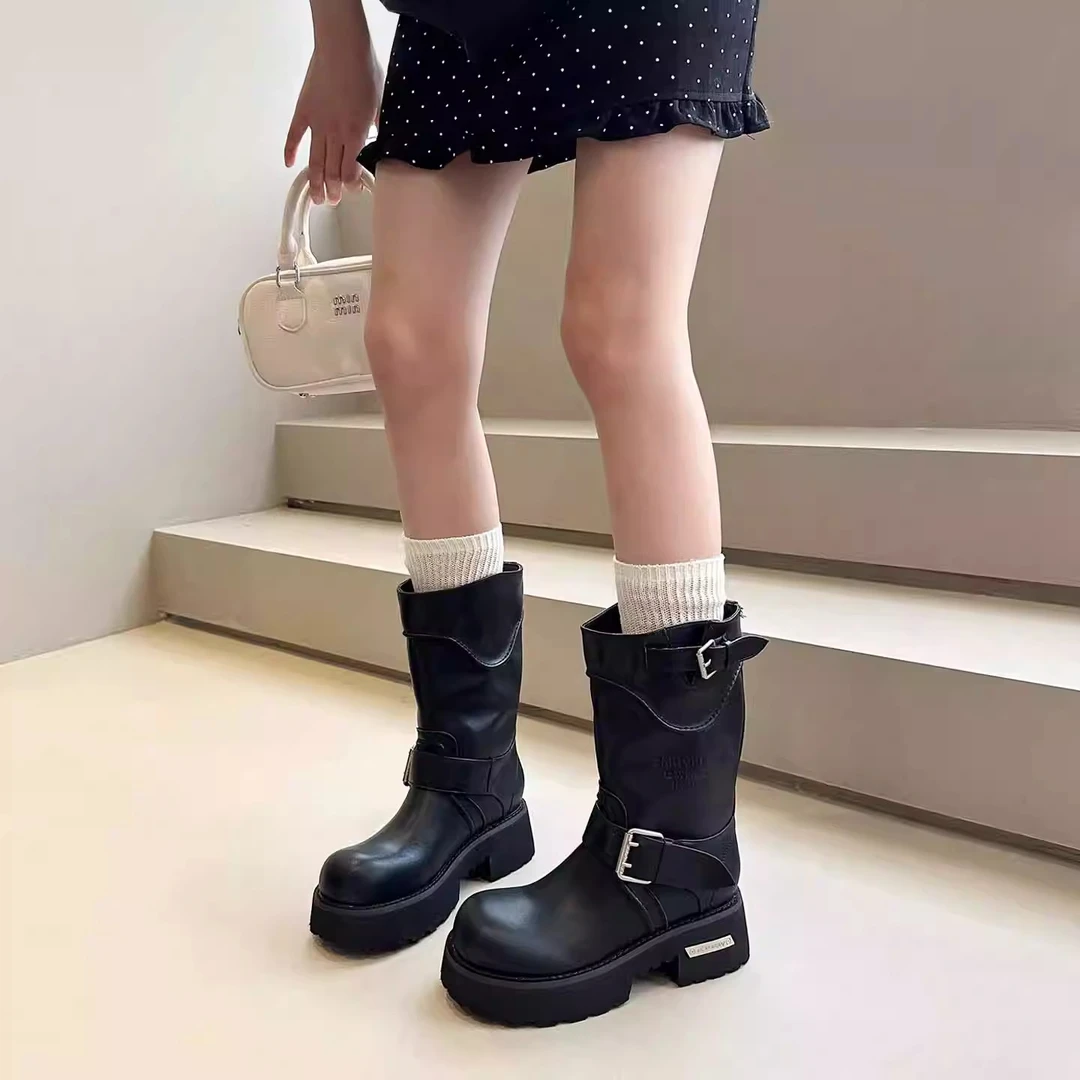早秋新品~2025欧美风辣妹真皮厚底中筒靴马丁靴女短靴西部牛仔靴
