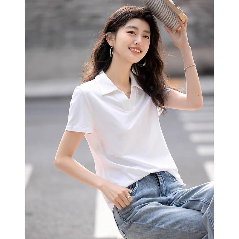 dme德·玛纳柔软180G棉氨夏季舒适风翻领打底衫弹力女式t恤