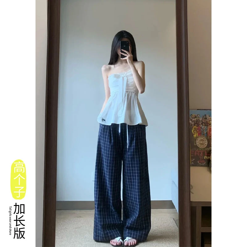 175加长版高个子韩系格子阔腿裤女夏季高腰显瘦百搭慵懒风休闲裤