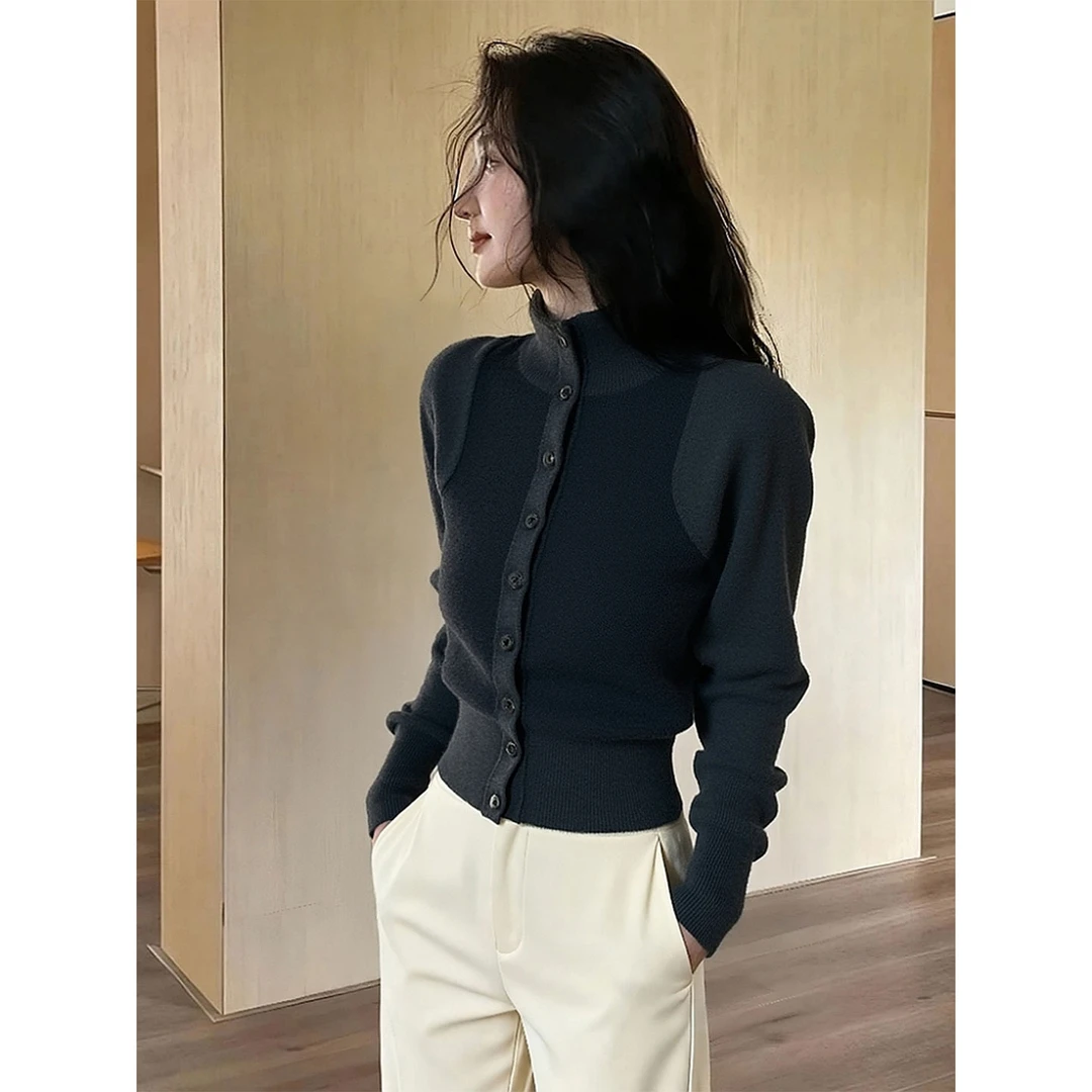 毛衣女款2025新款独特别致巨好看收腰气质灰色撞色高领针织上衣冬