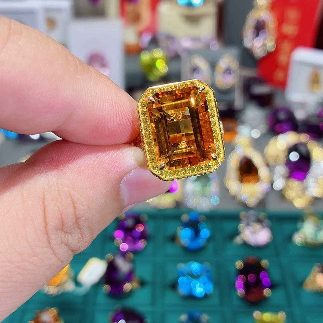 黄晶珠宝半成品银S925镶嵌戒指