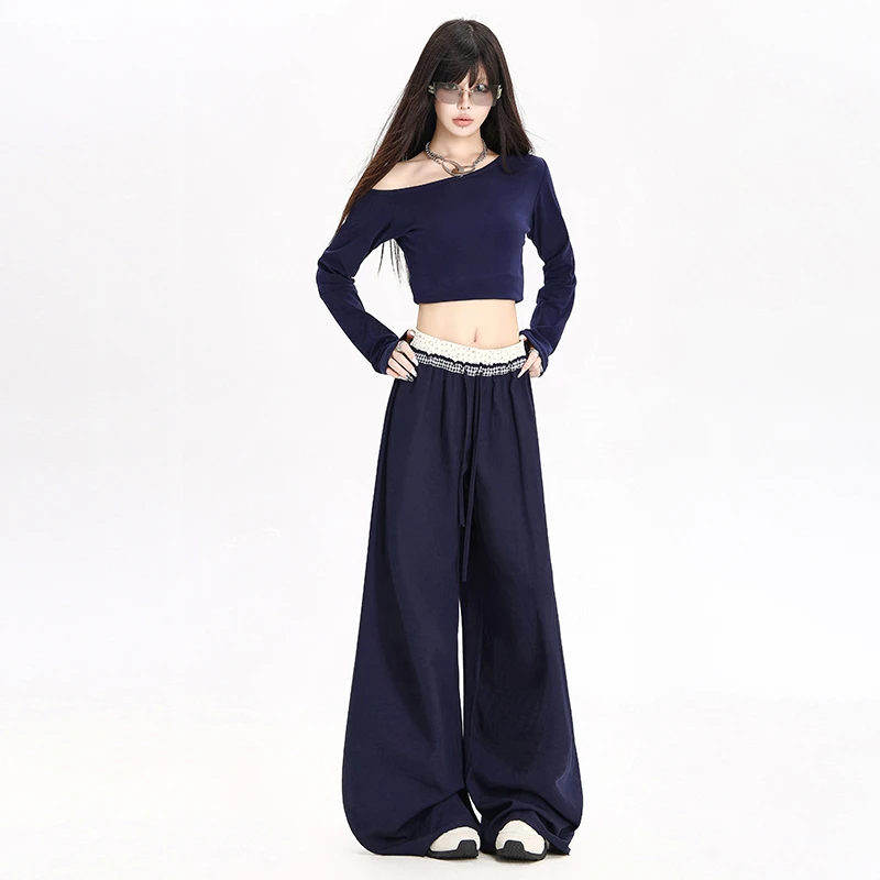 Busrr碎花拼接阔腿裤女2025秋季新款垂感设计感韩系双裤腰休闲裤