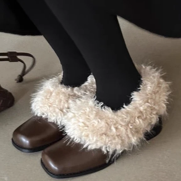 牛皮版~方头一脚蹬复古加绒保暖玛丽珍小皮鞋棉鞋粗跟单鞋毛毛鞋