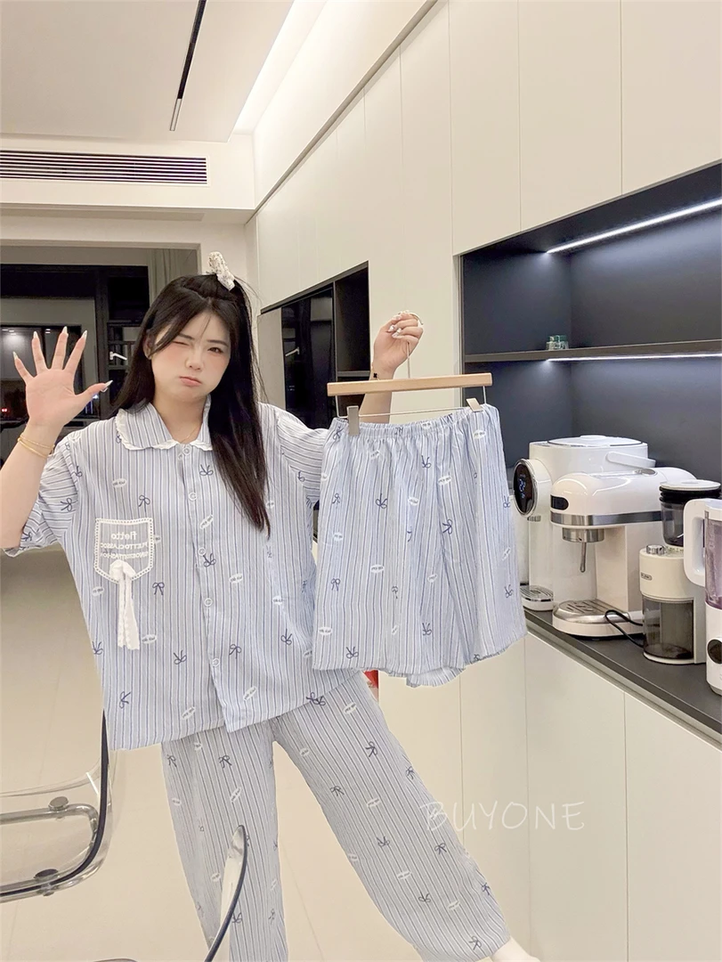 【淡蓝蝴蝶】大码睡衣女胖MM200斤三件套云朵棉蓝色蝴蝶结慵懒