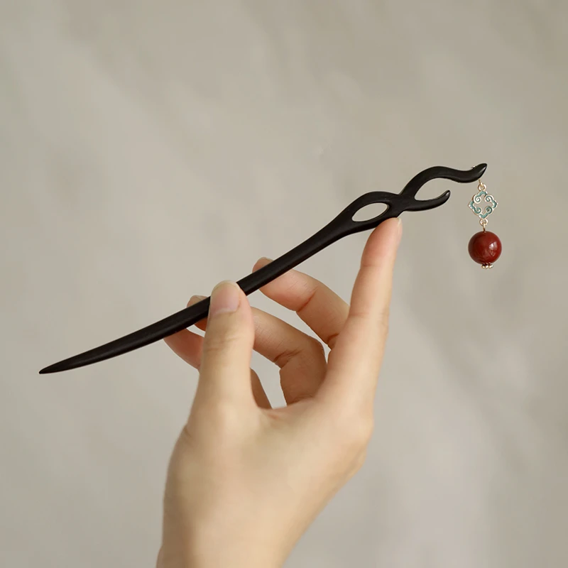 原创【上岸】黑檀木发簪盘发古风发饰安神红色吊坠新年礼物好寓意