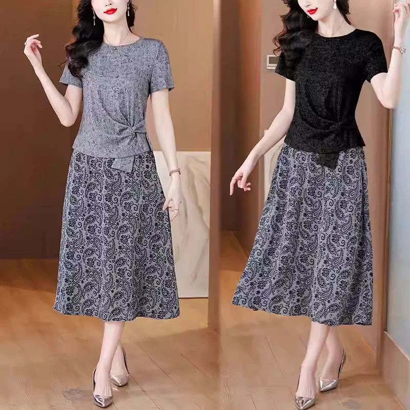 2025年夏季新款时尚显瘦设计感短袖上衣印花半身裙两件套装裙子女