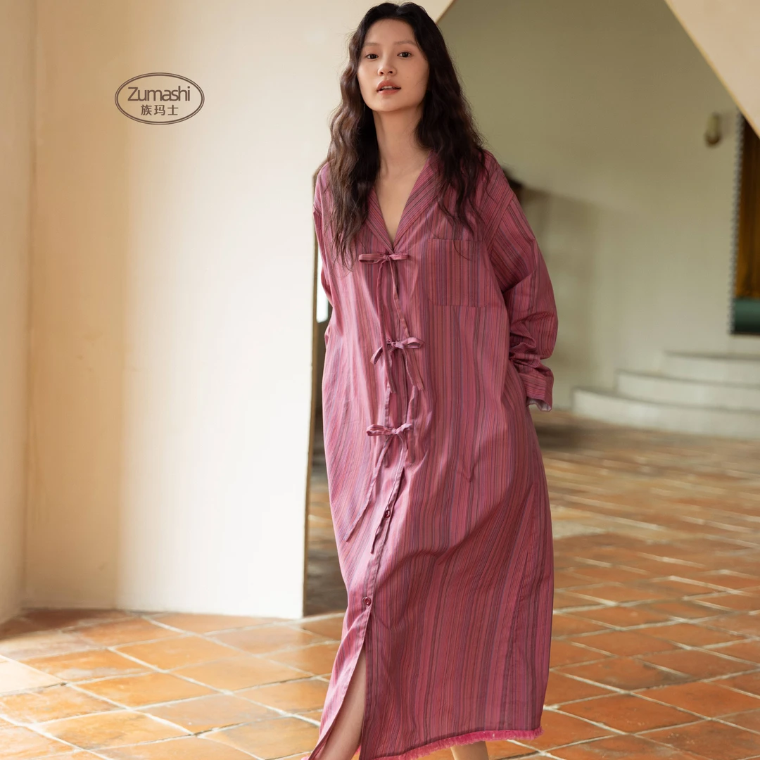 族玛士纯棉睡裙春秋季2025新款大码可外穿条纹睡衣女士长袖家居服