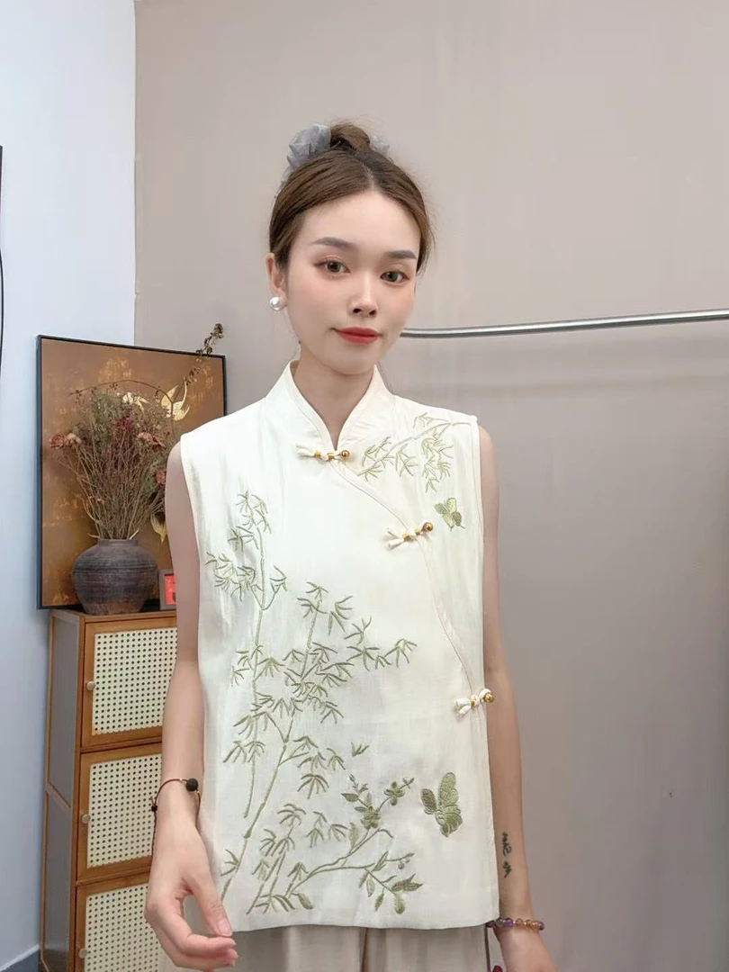 知喜   花无缺    2025夏季新款新中式珠光刺绣无袖气质上衣重工