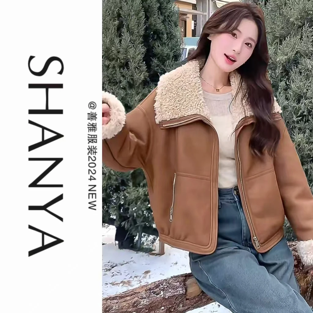时尚短款皮毛一体冬季韩版宽松翻领PU皮夹克羊羔毛外套女#3285