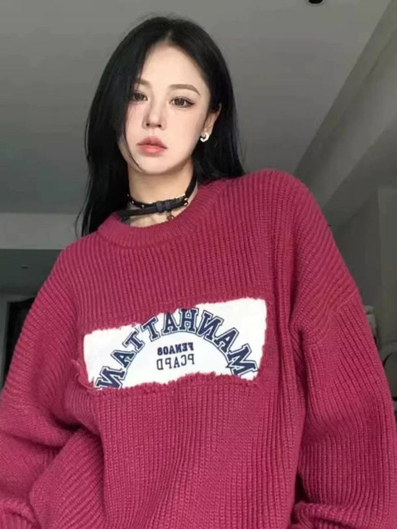 1748 慵懒风拼接圆领毛衣新款设计感小众宽松套头针织衫