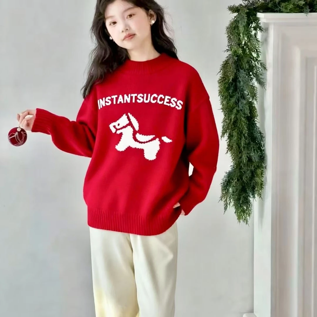 针织衫韩版加厚卡通动漫长袖厚款红色毛衣时尚圆领女童时尚套头