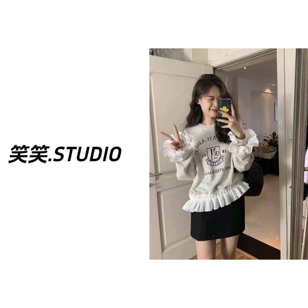 笑笑-【韩系花边卫衣】韩版时尚袖口底部花边蕾丝字母卫衣