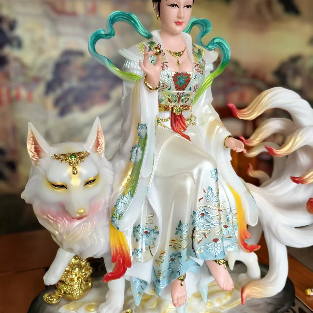 19寸合成汉白玉新款九尾狐姑娘神像家用招桃花青丘白狐供奉佛像