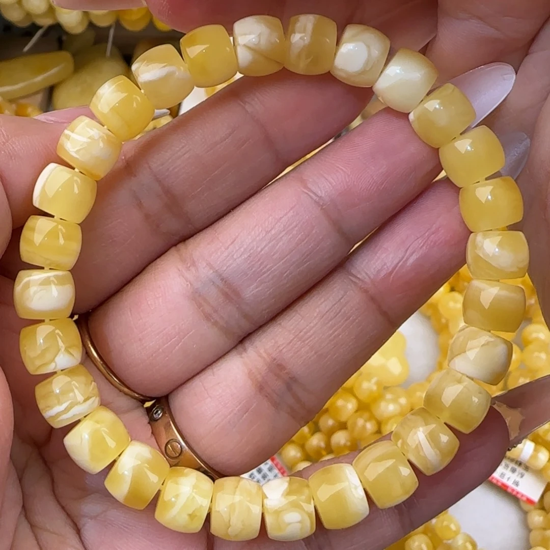 蜜蜡未镶嵌手链金瓷白妖花直切手串