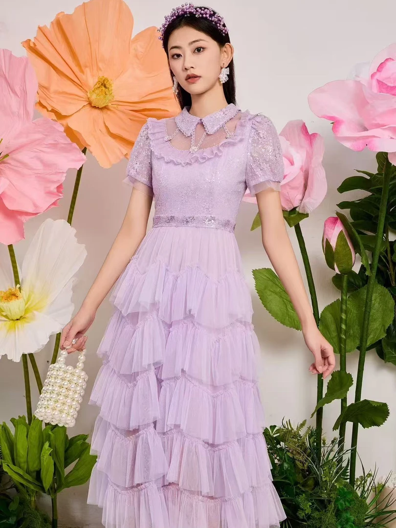 高级重工订珠亮片蕾丝网纱法式时尚蛋糕连衣裙