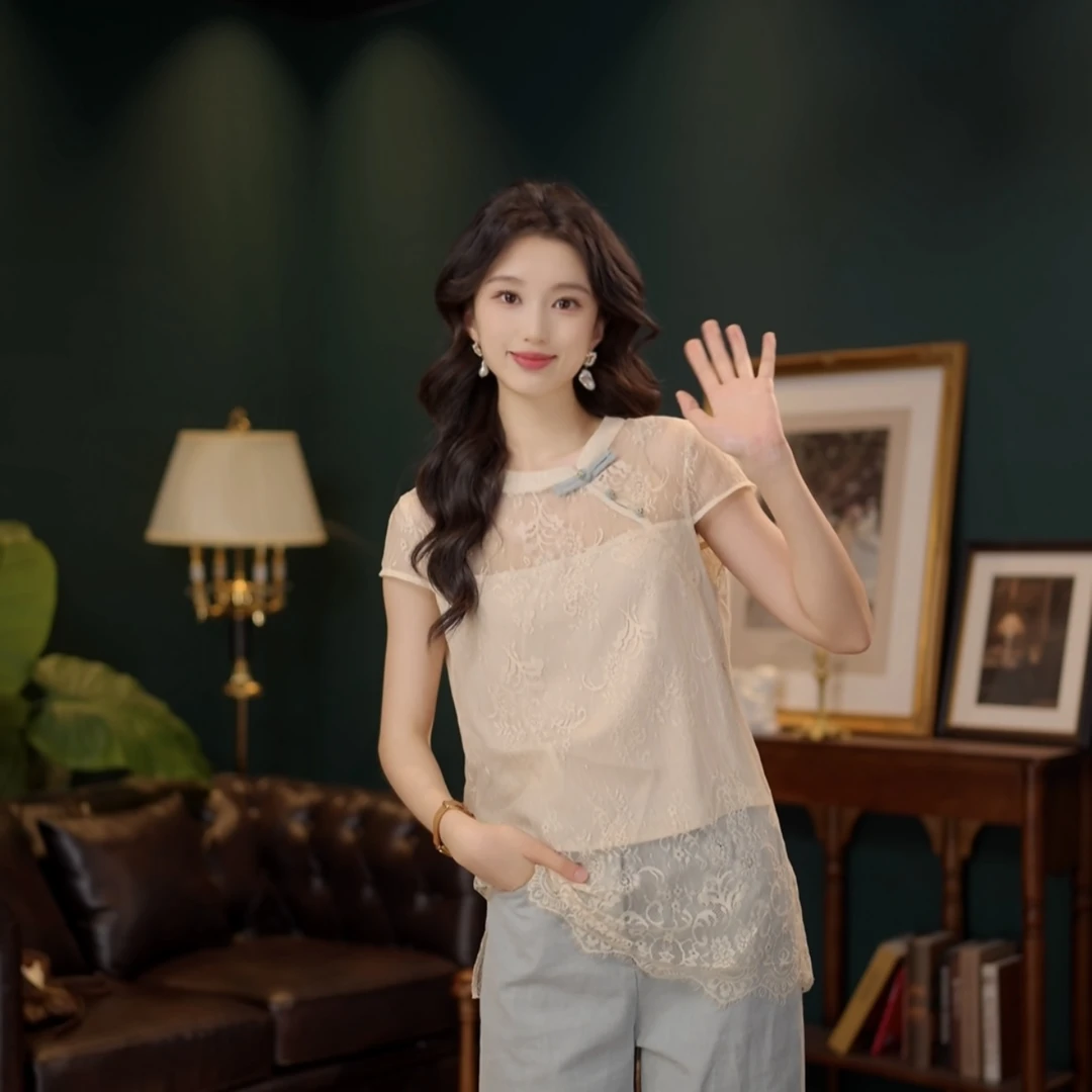 琦琦【思渺】中长款无袖蕾丝衬衫镂空新中式甜辣千金风YE0708205