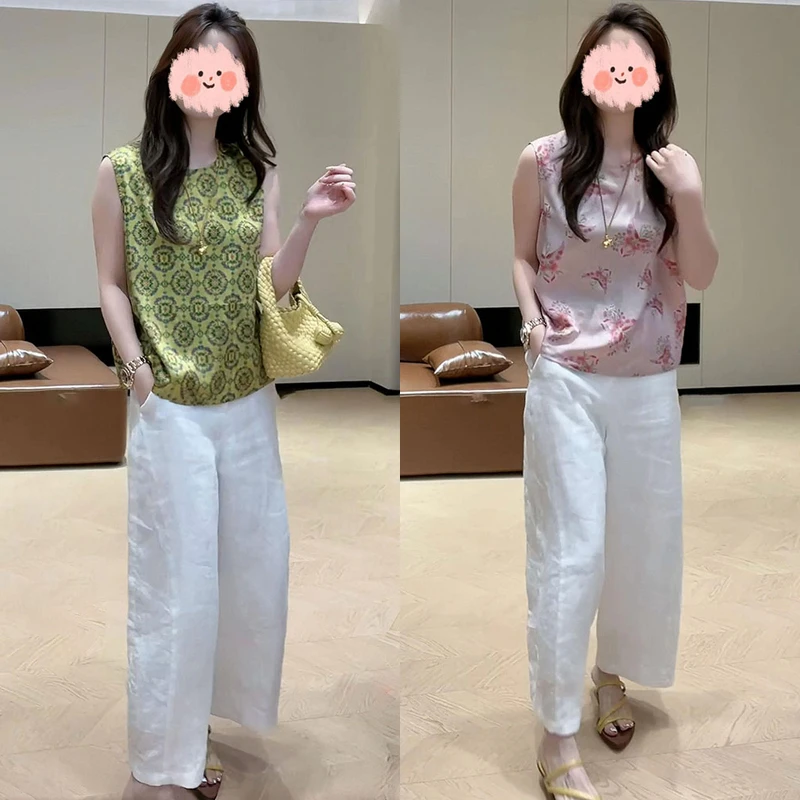 2025夏季新中式提花无袖单排扣上衣显瘦百搭休闲阔腿裤气质套装女