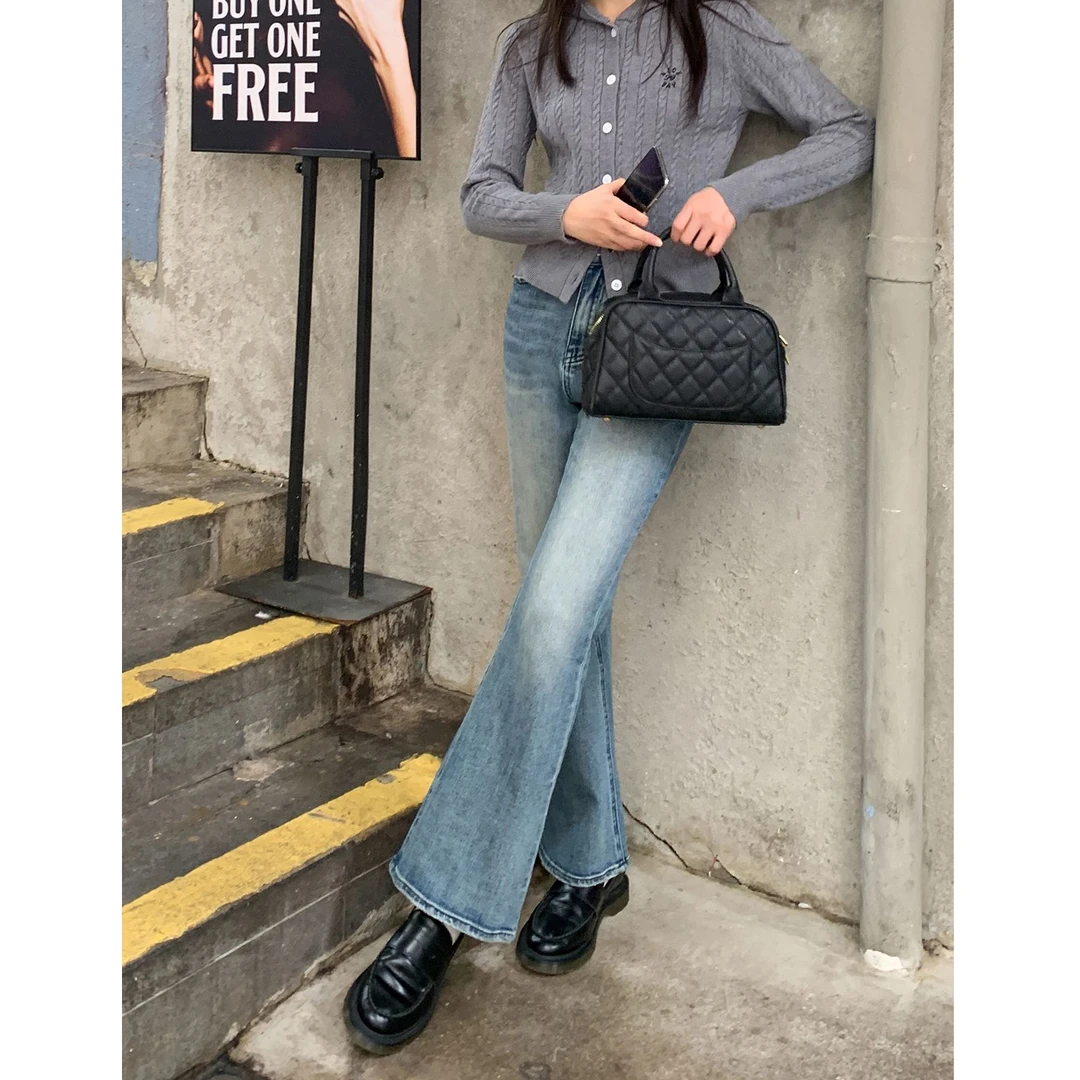 你好卡农 浅蓝色微弹微喇牛仔裤高腰修身显瘦休闲裤子KN25Z5515D