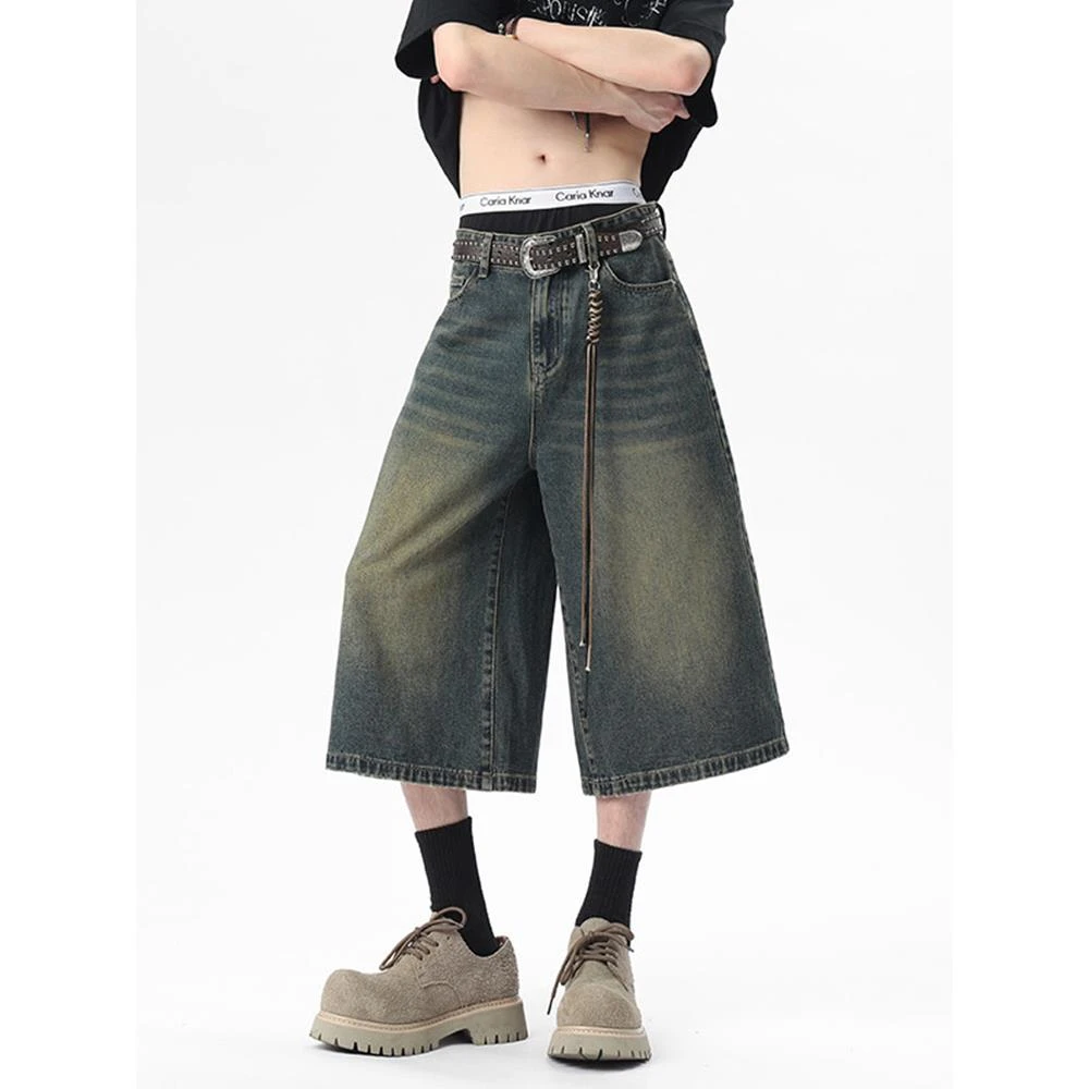 做旧牛仔七分裤男夏季薄款潮牌水洗短裤美式复古潮流宽松八分裤子