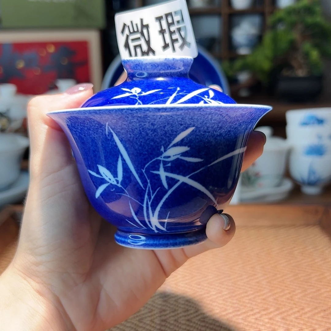 【闪购商品】微瑕 手绘  洒蓝 盖碗