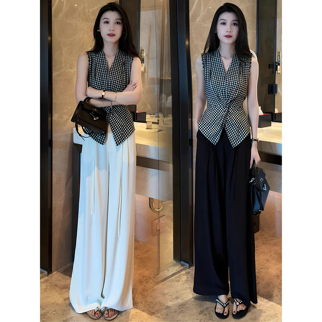 时尚套装女2025夏季新款韩版V领格子背心马甲高腰阔腿裤两件套潮