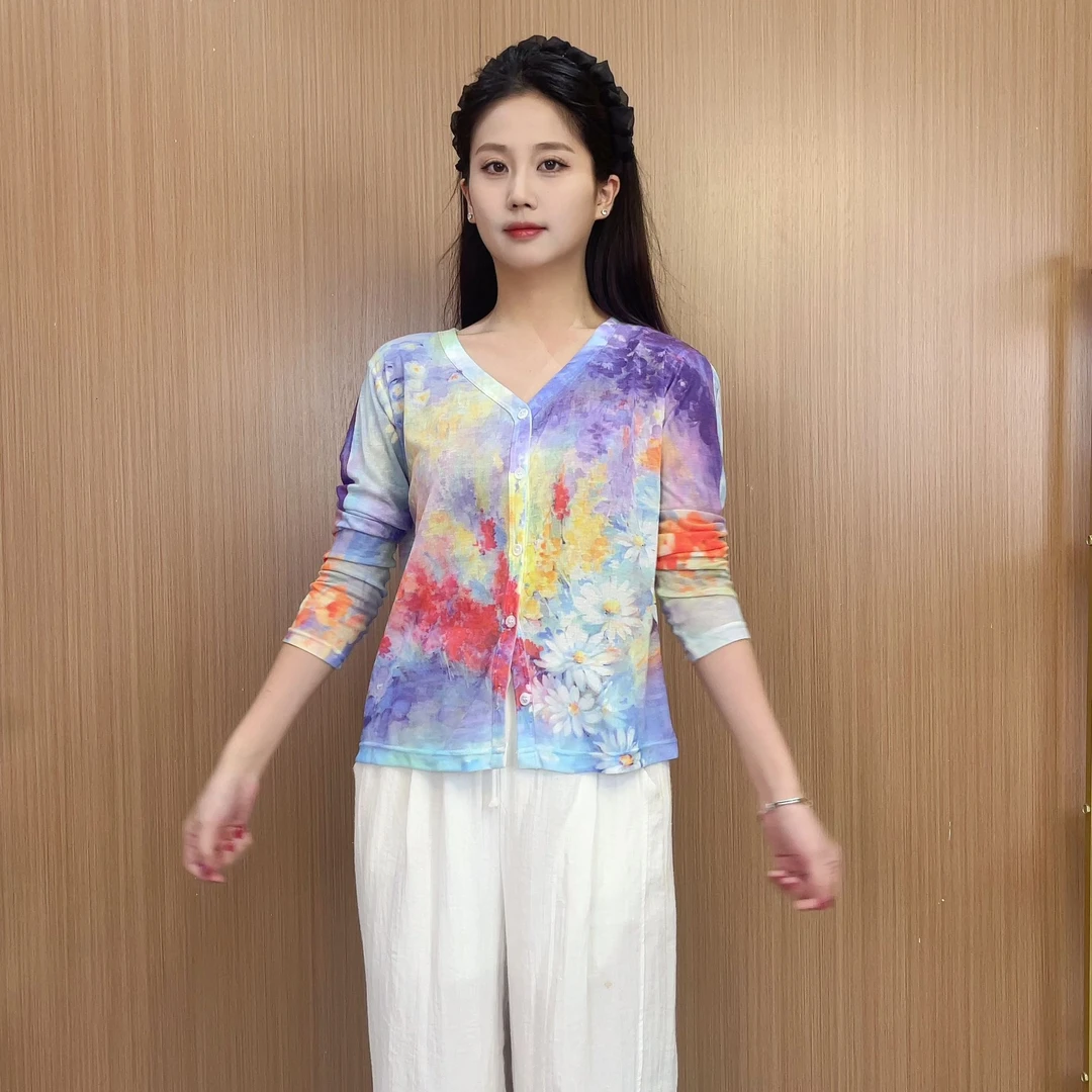 夏季热卖新款2025设计感轻薄气质印花开衫女花色长袖