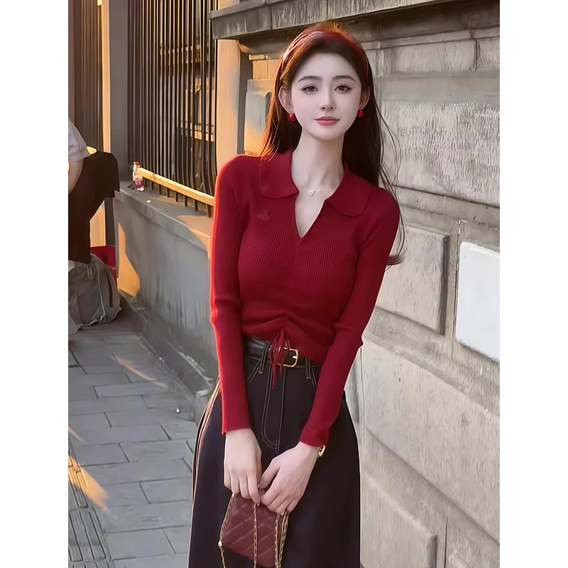 爆款安哥拉红V领针织衫女秋冬漂亮小衫不规则抽绳修身显瘦打底衫