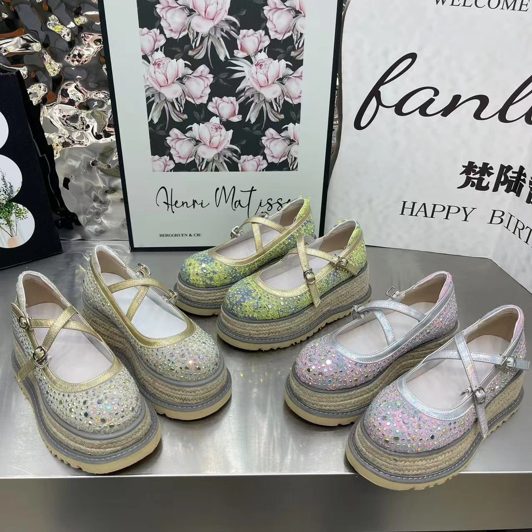 仙女风厚底麻绳编织玛丽珍鞋女水钻交叉带浅口单鞋百搭增高休闲鞋