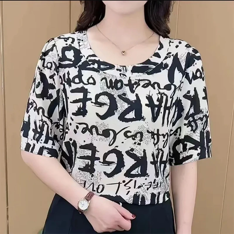 高档短袖花色小衫简约圆领宽松显瘦T恤打底衫时尚减龄妈妈装上衣