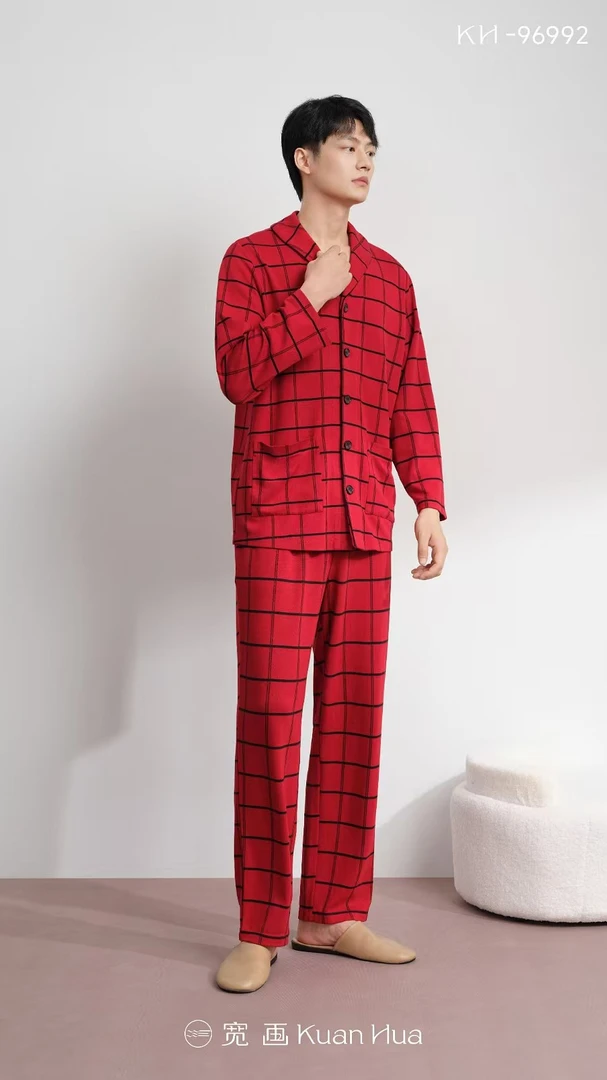 宽画构建新生系列翻领对开红色格子男士家居套装96992