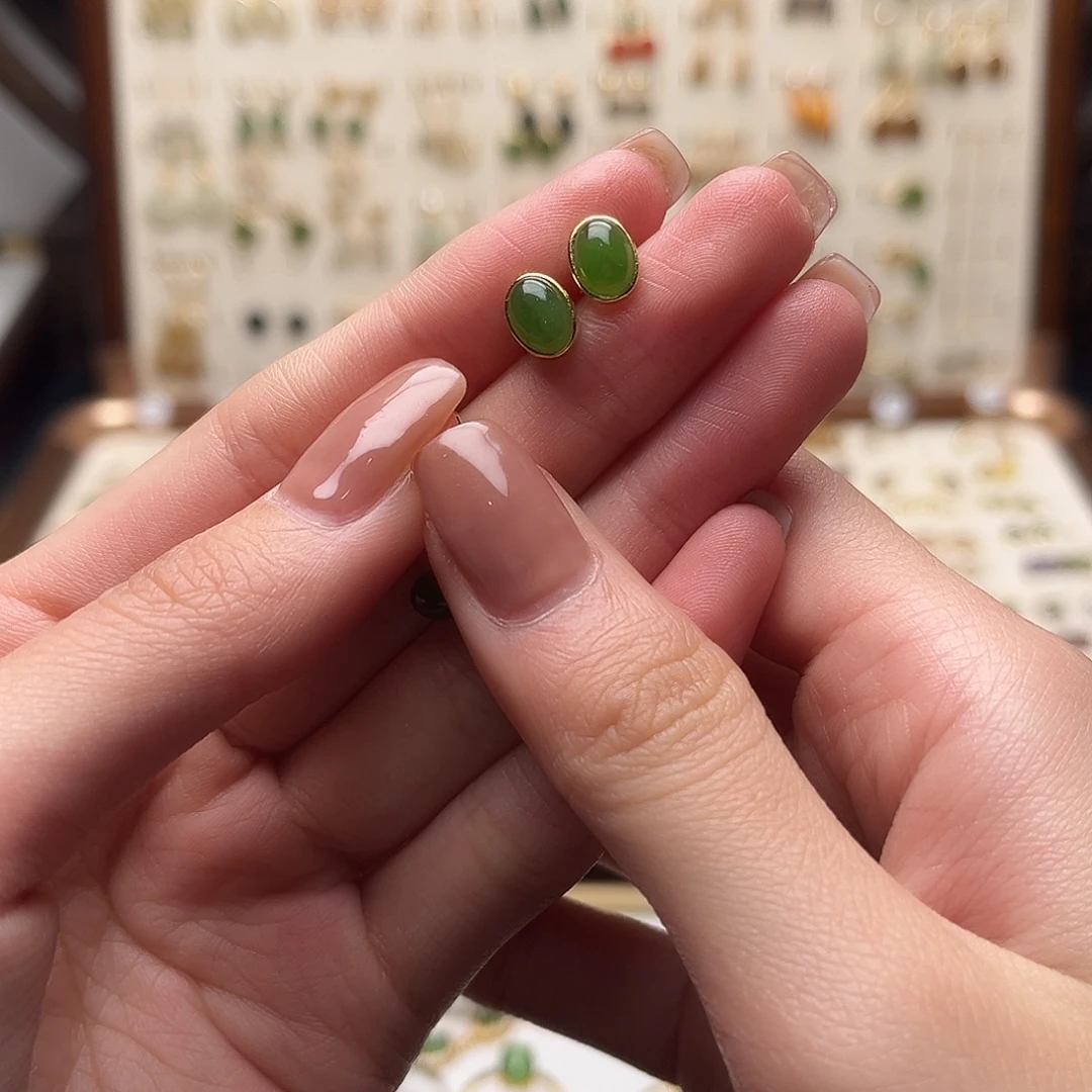 和田玉银S925镀金镶嵌耳饰