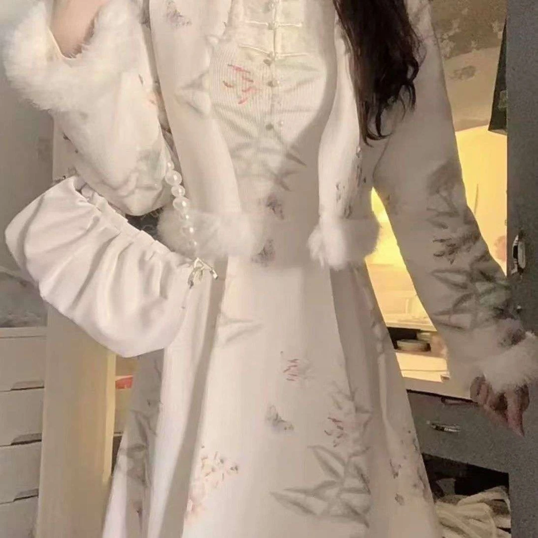 中式改良套装旗袍秋冬毛边加厚拼接短款碎花连衣裙外套裙女复古