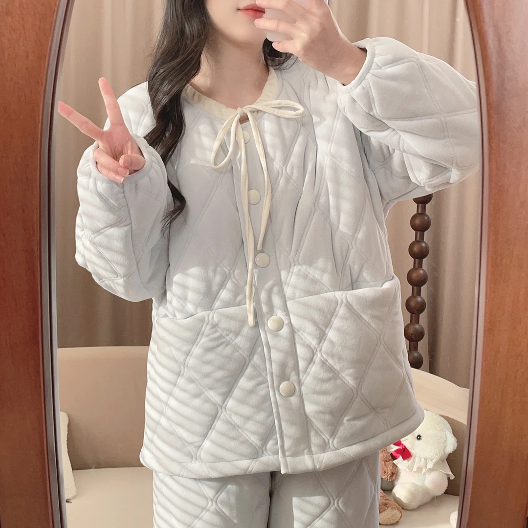 [6373蓝] 三层夹棉睡衣长袖加厚冬季家居服套装甜美风韩版女士