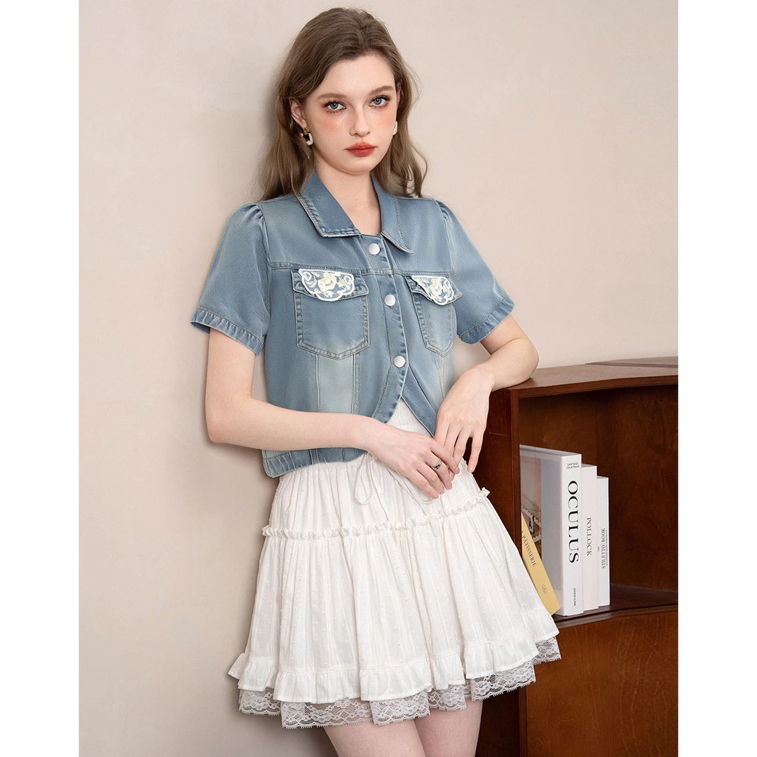 【达人专属】BANANABABY夏季款刺绣短款牛仔短袖上衣BCH2990104