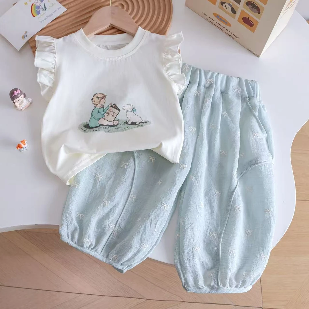 女童夏季套装薄荷绿女宝韩系可爱飞飞袖T恤蝴蝶结灯笼裤两件套潮