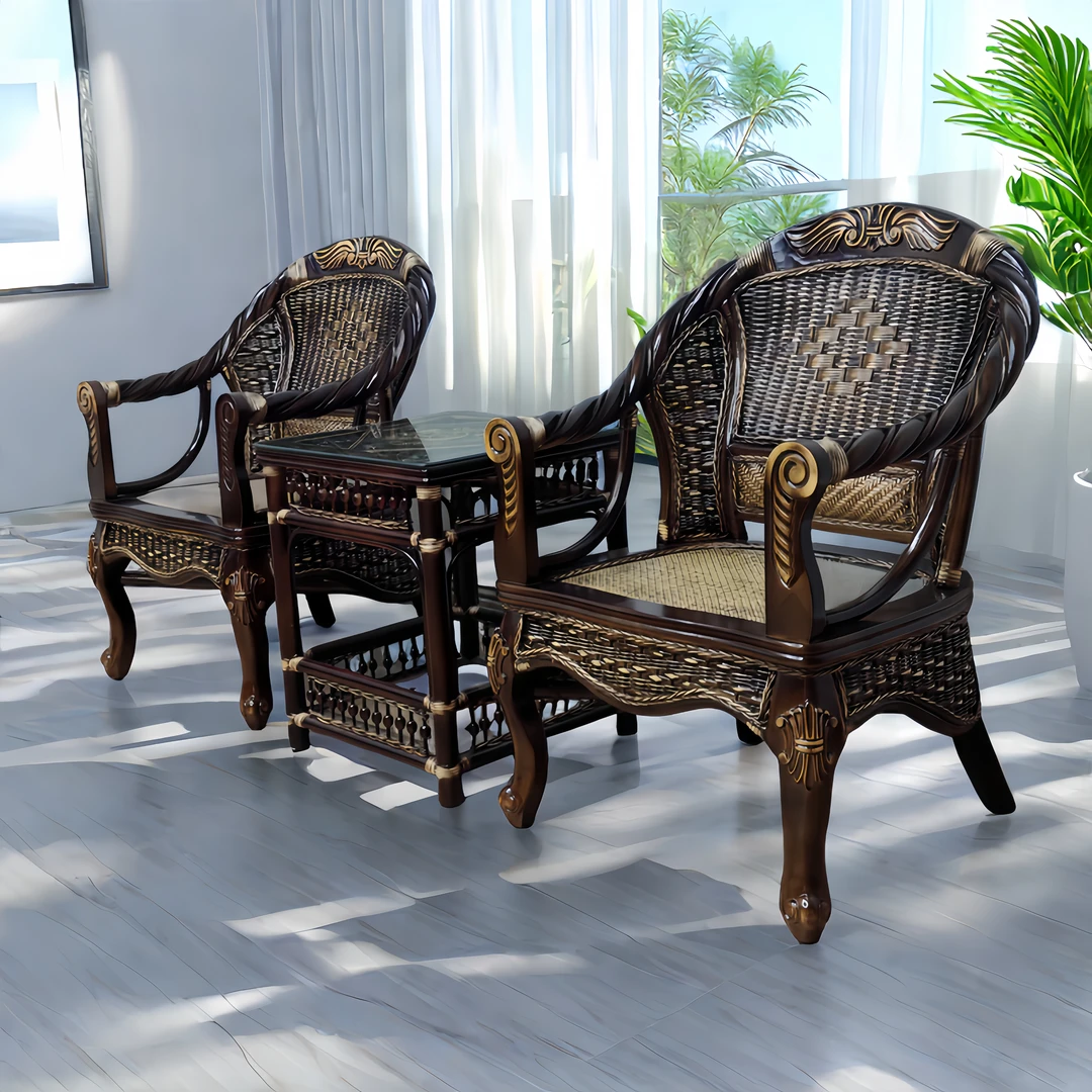 高档太师椅三件套 藤椅 手工藤编 人体工学椅 椅子 茶桌椅 休闲椅