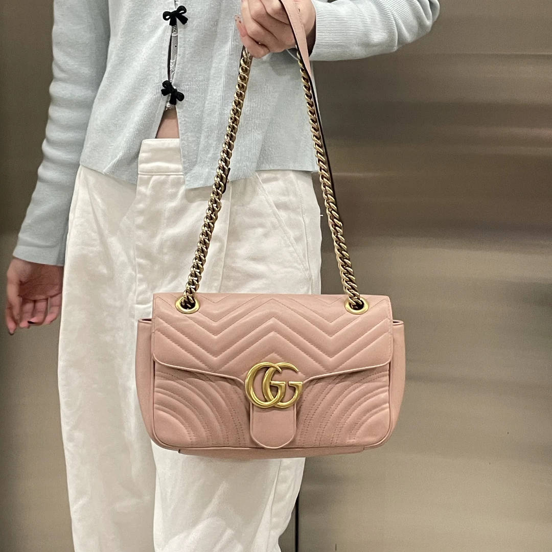 95新 GUCCI/古驰 gucci 樱花粉马蒙26链条单肩斜挎包