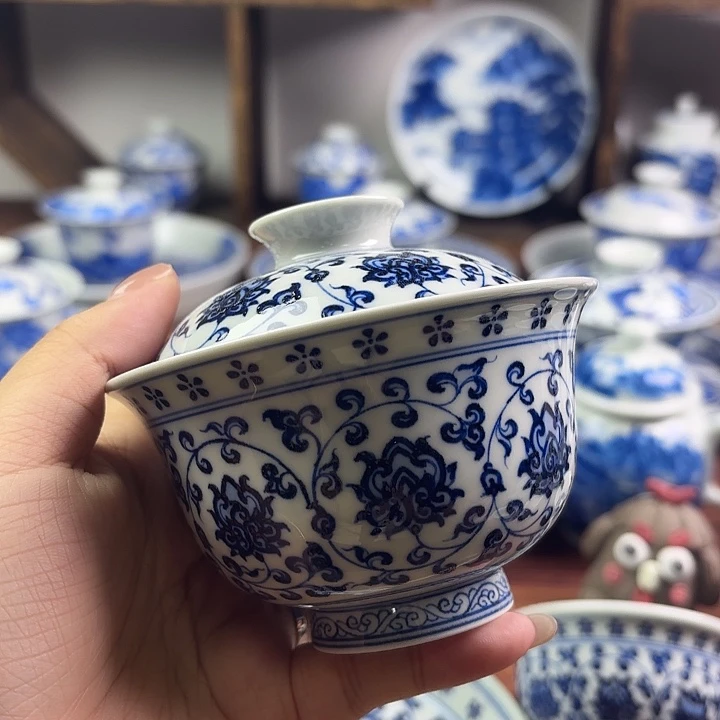 见燃柴窑仿明纯手绘永乐缠枝莲双狮内绘两才青花盖碗小盖碗茶具