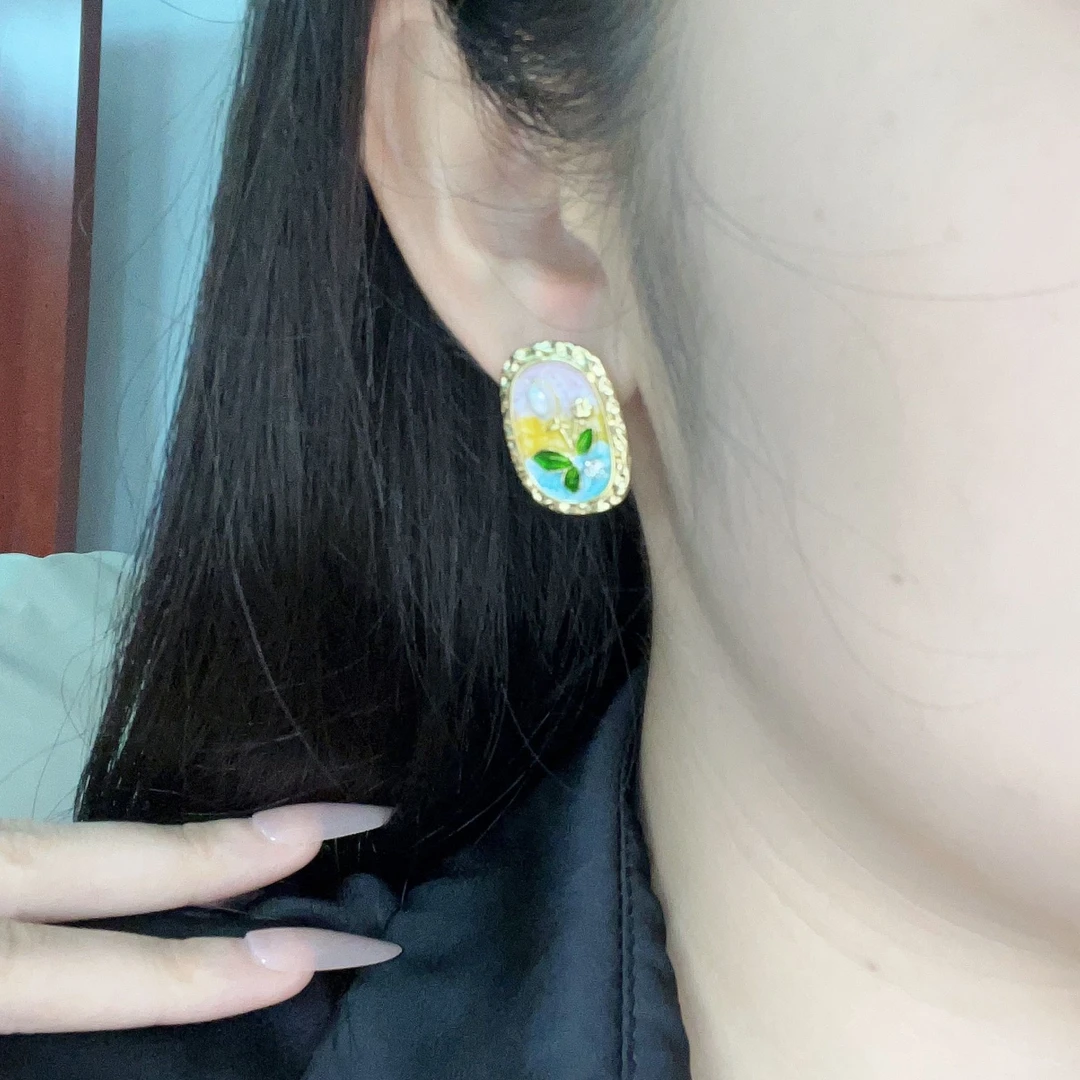 铜合金耳饰 莫奈花园油画珍珠郁金香耳环复古气质百搭