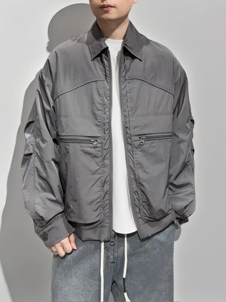 春秋新款青年夹克翻领纯色侧边口袋男外套宽松字母胶印时尚简约潮