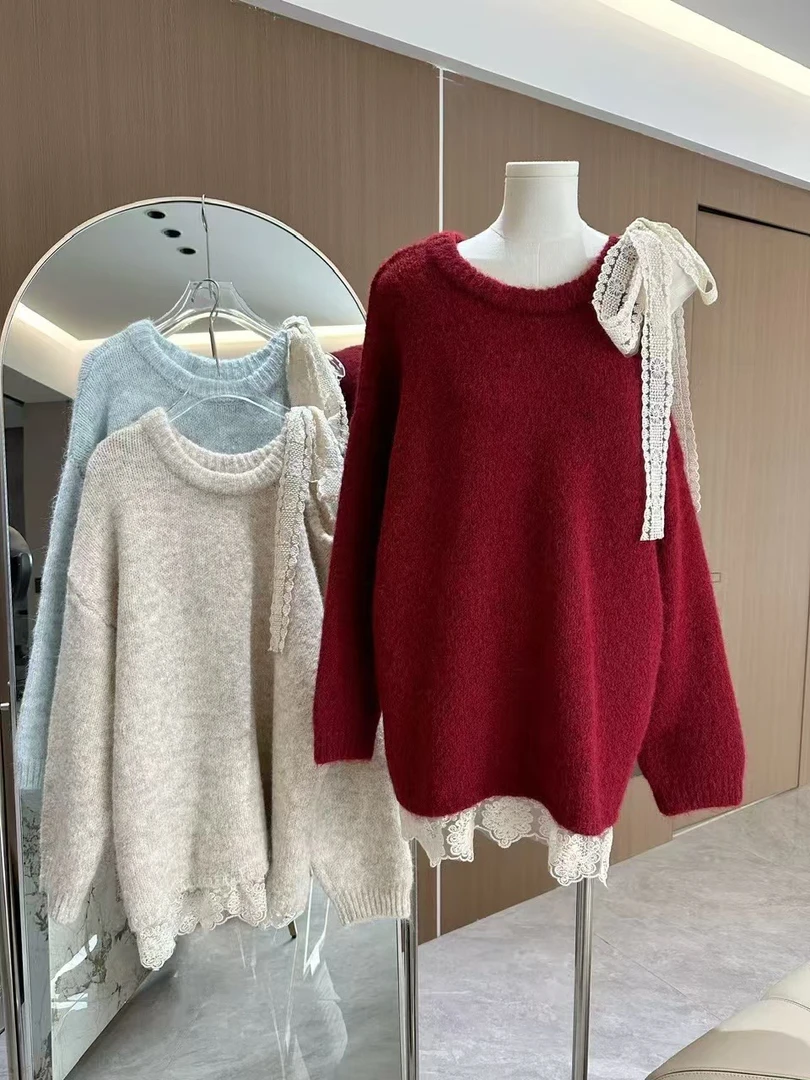 超好看红色蝴蝶结系带斜肩毛衣女秋冬新年战袍慵懒风针织上衣