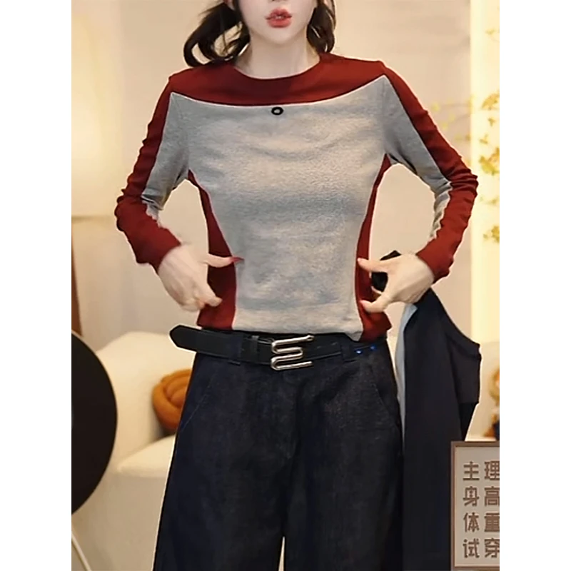 美式休闲正肩显瘦T恤女2025秋季新款ins风高级感拼色长袖打底上衣