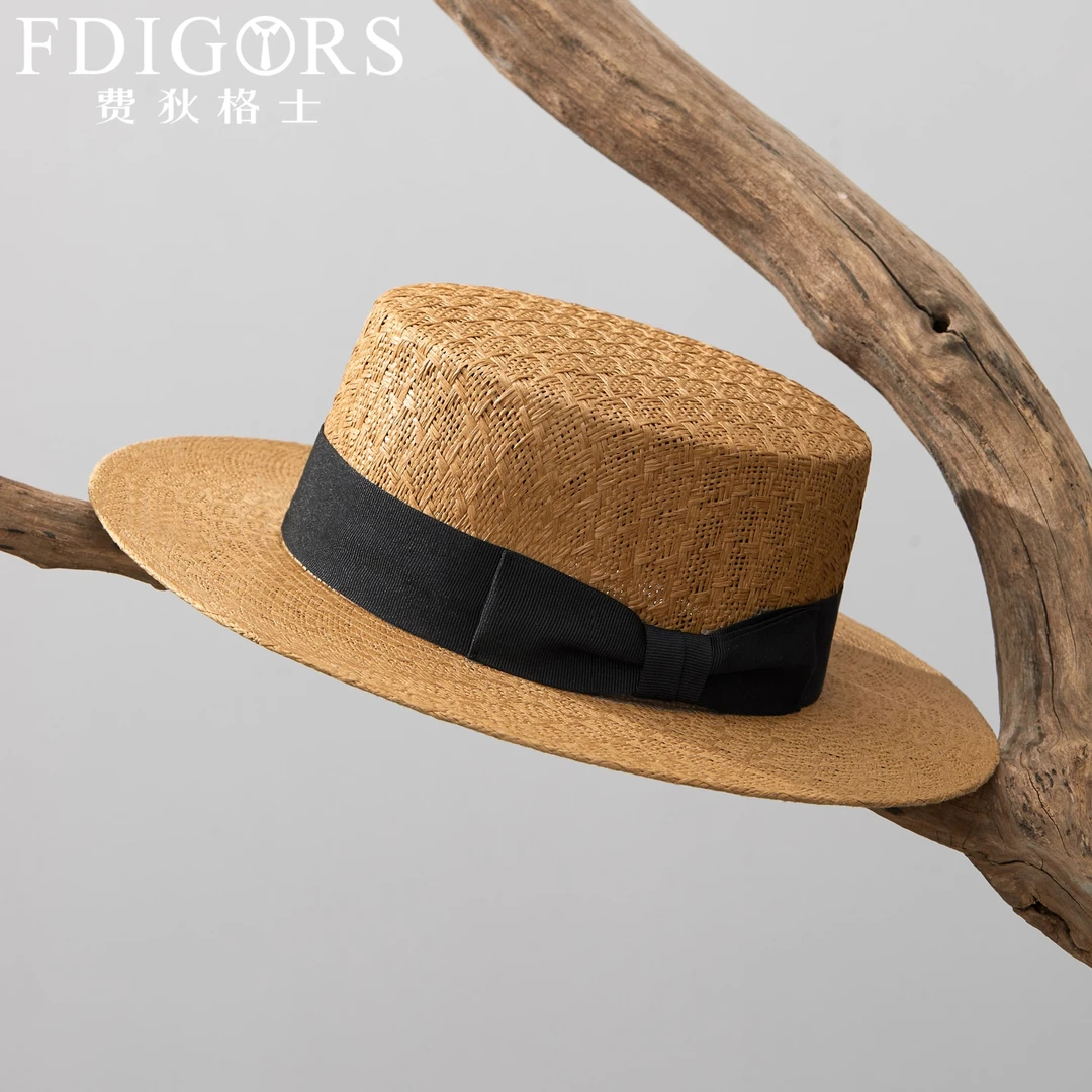 DIGORS草帽男款夏季手工编织宽沿法式平顶礼帽防晒度假海边遮阳帽