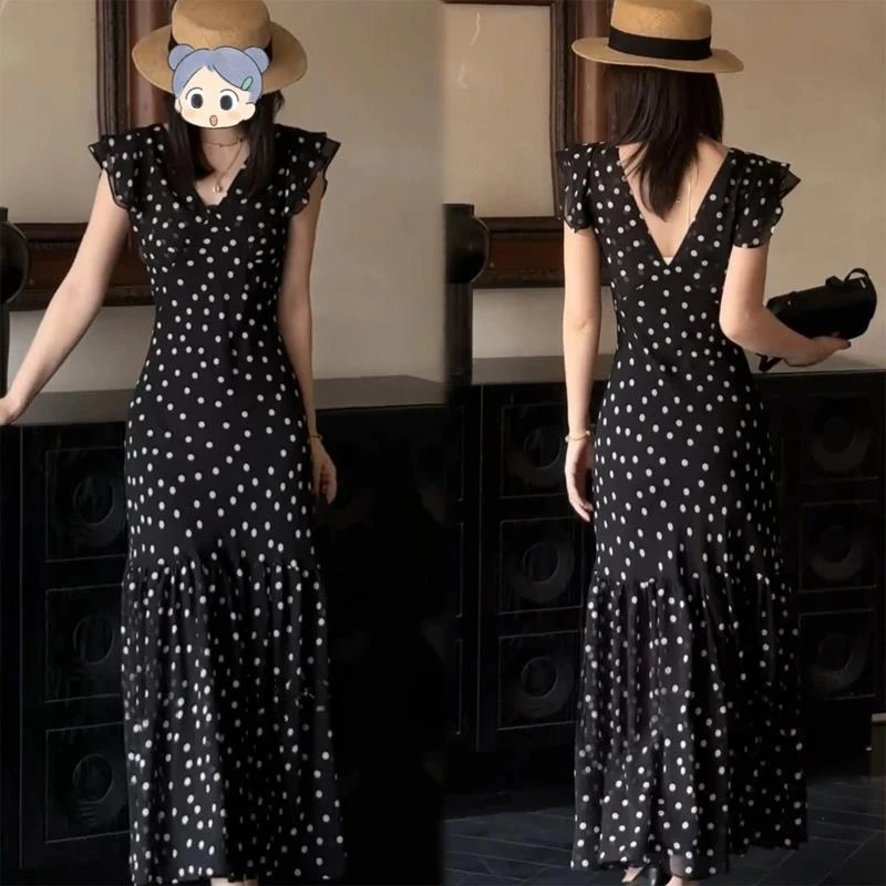 她他百伦2025夏季新款时尚显瘦气质女士网红洋气V领波点连衣裙收