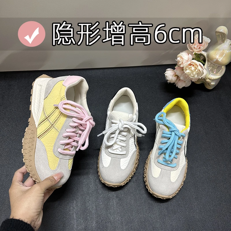 简约百搭休闲板鞋女2025新款小个子内增高拼色系带春季运动阿甘鞋