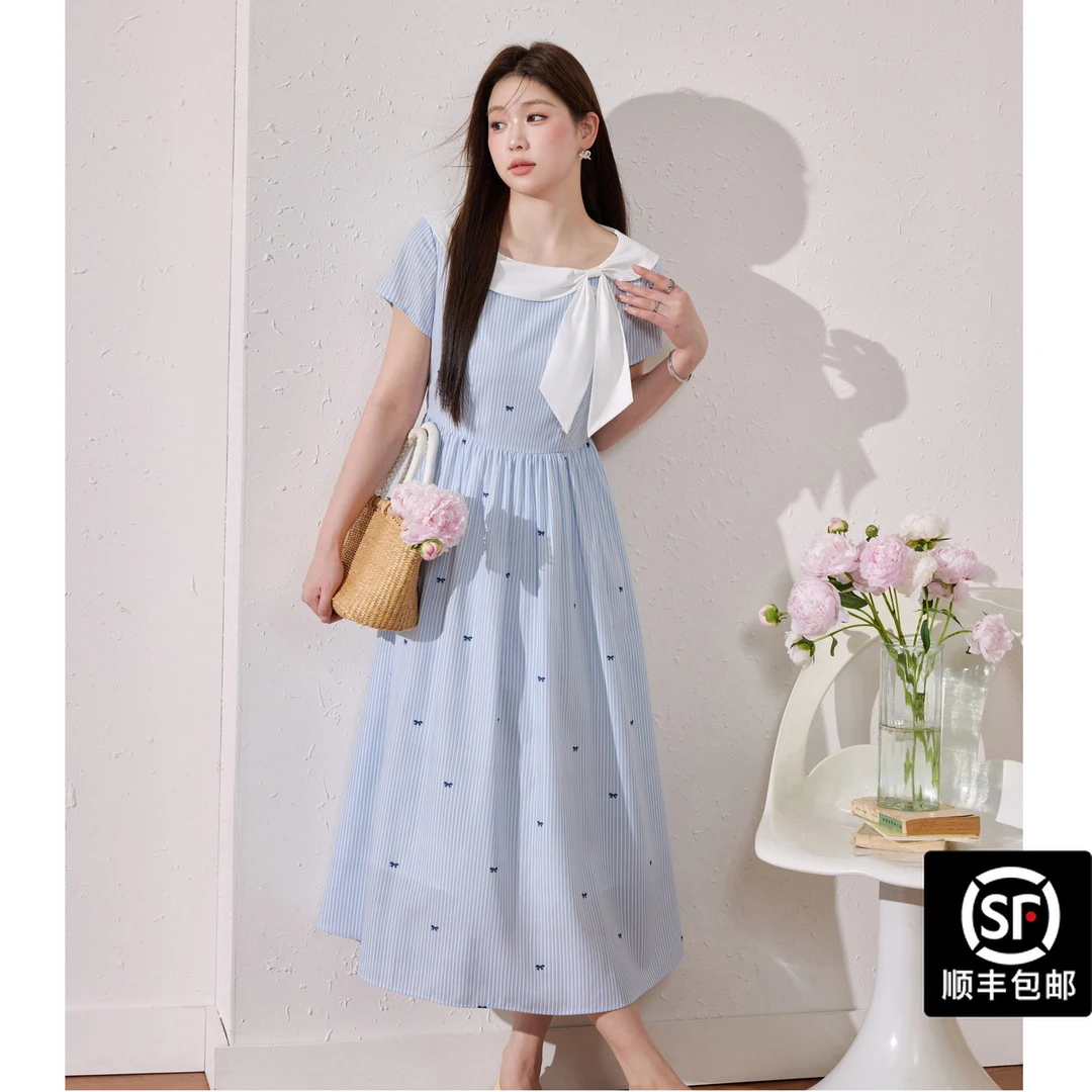 蓝语大码女装甜美减龄绑带条纹连衣裙2025夏季掐腰显瘦绝美a字裙