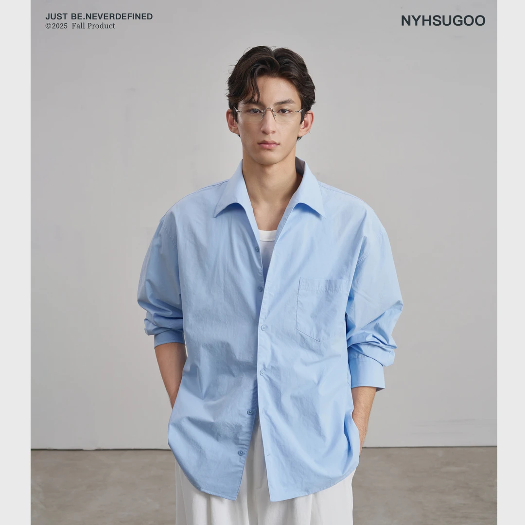 NYHSUGOO/南乙秋季40支100%棉海鸥领衬衫树脂扣配色3901男士衬衣