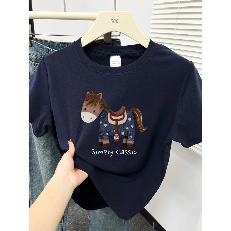 正肩大码短袖t恤女2026新款小马印花胖mm显瘦穿搭圆领洋气上衣潮